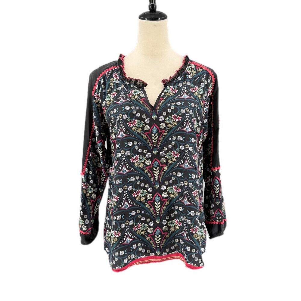 Sundance 100% Silk Black Floral Ruffle Scalloped Boho Chic Blouse Peasant Top